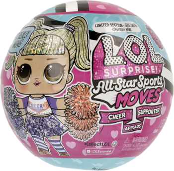 Kapsuła L.O.L. Surprise! All-Star Sports Moves, różowo-niebieska z ilustracją lalki cheerleaderki, widok z przodu.