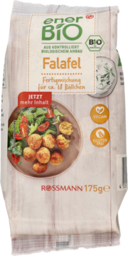 Opakowanie Ener Bio Falafel Fertigmischung (Rossmann), beżowa torebka z falafelami na talerzu, vegan, gluten-free.