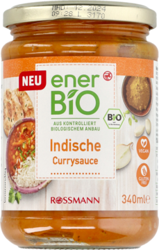 Słoik enerBiO Indische Currysauce 340ml, ekologiczna i wegańska, z pomarańczowo-białą etykietą, widok z przodu.