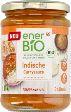 Słoik enerBiO Indische Currysauce 340ml, ekologiczna i wegańska, z pomarańczowo-białą etykietą, widok z przodu.