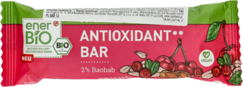 Ener BIO Antioxidant Bar, czerwone opakowanie z wiśniami i baobabem. Bio, wegański. Widok z przodu.
