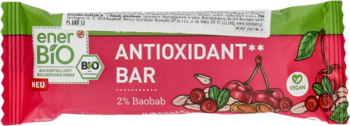 Ener BIO Antioxidant Bar, czerwone opakowanie z wiśniami i baobabem. Bio, wegański. Widok z przodu.