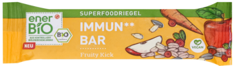EnerBio baton Odporność Fruity Kick, superfood, wegański. Żółto-zielone opakowanie z rysunkami owoców i warzyw.