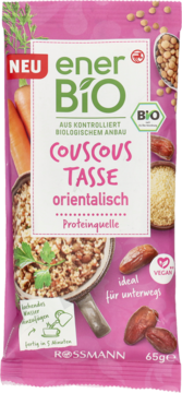 enerBiO Couscous Tasse orientalisch, różowe opakowanie, BIO, źródło białka, idealny na wynos, gotowy w 5 min, widok z przodu.