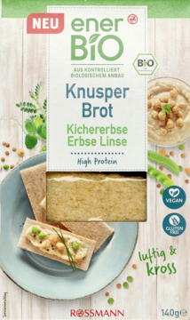 Pionowe opakowanie enerBiO Knusper Brot High Protein z ciecierzycy, grochu, soczewicy, bezglutenowe, BIO.