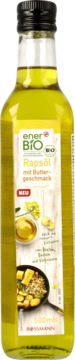 enerBio Rapeseed Oil with Butter Flavor in a clear glass bottle, front view, yellow oil, white label.