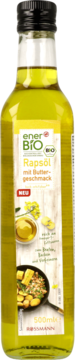 enerBio Rapeseed Oil with Butter Flavor in a clear glass bottle, front view, yellow oil, white label.