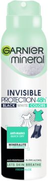 Antyperspirant Garnier Mineral Invisible spray, zielono-biały, widok z przodu, z napisem 48h i Mineralite.