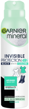 Garnier Mineral Invisible Protection 48h Fresh Aloe antyperspirant w zielono-białym sprayu, widok z przodu, ochrona przed śladami.
