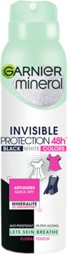 Garnier Mineral Invisible Protection 48h floral antyperspirant spray, chroni biel, czerń i kolory, widok z przodu.