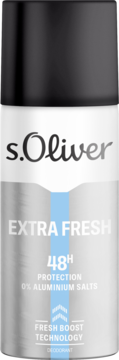 S.Oliver Extra Fresh dezodorant, srebrno-czarna puszka, 48H ochrony, 0% soli aluminium, widok z przodu.