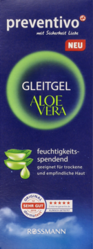 Preventivo Gleitgel Aloe Vera w ciemnoniebieskim pudełku, nawilżający żel intymny. Widok z przodu.