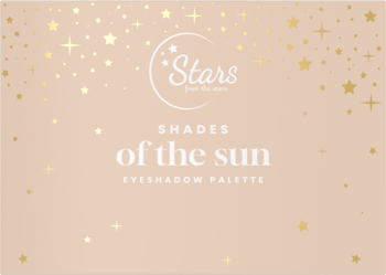 Paleta cieni do powiek 'Shades of the sun' w brzoskwiniowym opakowaniu ze złotymi gwiazdkami, widok z przodu.