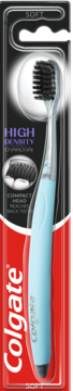 Miękka szczoteczka Colgate Compact Black z błękitną rączką, czarne włosie z węglem, kompaktowa główka, w blistrze.