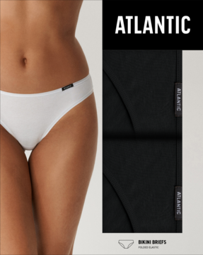 Damskie majtki bikini ATLANTIC, białe na modelce i czarne w dwupaku. Wygodny, uniwersalny fason.