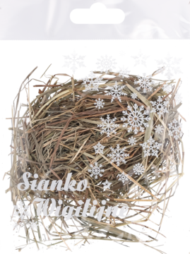 Tradycyjne sianko wigilijne, okrągła wiązka siana z suszonych traw, z płatkami śniegu i napisem, na białym tle.