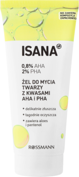 Biała tubka żelu ISANA do mycia twarzy z 0,8% AHA i 2% PHA, bez zapachu. Widok z przodu, logo Rossmann.