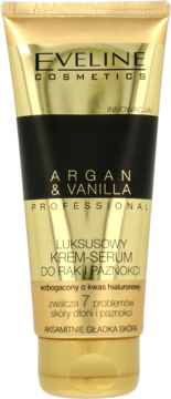 Eveline Argan & Vanilla luksusowy krem-serum do rąk i paznokci w złoto-czarnej tubce, widok z przodu.