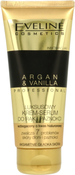 Eveline Argan & Vanilla luksusowy krem-serum do rąk i paznokci w złoto-czarnej tubce, widok z przodu.