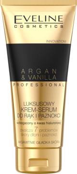 Złoto-czarny krem-serum Eveline Cosmetics Argan & Vanilla do rąk i paznokci, zwalcza 7 problemów.