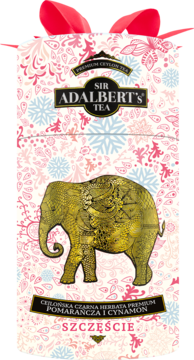 Adalbert's Tea Szczęście, czarna herbata cejlońska. Opakowanie prezentowe ze złotym słoniem, różowe wzory, czerwona wstążka.