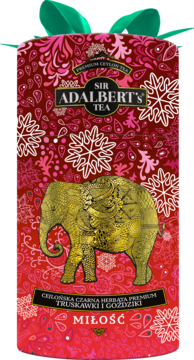 Front opakowania Adalbert's Tea Miłość, czerwono-złotej herbaty cejlońskiej z elefantem, truskawką i goździkami.