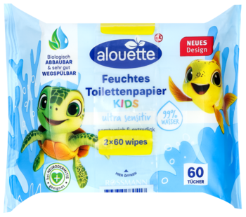 Alouette KIDS wilgotny papier toaletowy, niebieskie opakowanie z uśmiechniętymi żółwiami i rybką, ultra wrażliwy.