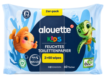 Frontowe ujęcie Alouette Kids Feuchtes Toilettenpapier 2-pak, niebieskie opakowanie z uśmiechniętą rybką i żółwikiem.