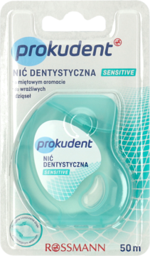 Prokudent Sensitive nić dentystyczna 50m w miętowym pojemniku, w przezroczystym opakowaniu typu blister.