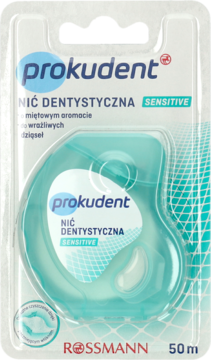 Prokudent Sensitive nić dentystyczna 50m w miętowym pojemniku, w przezroczystym opakowaniu typu blister.