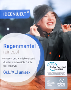 IDEENWELT raincoat L/XL, unisex, waterproof and windproof, worn by a smiling person in rain; product label visible.