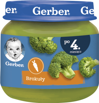Gerber Brokuły: przecier warzywny w słoiku dla niemowląt po 4. miesiącu, z logo i wizerunkiem dziecka.