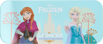 Opakowanie zestawu do ust Lip Smacker Disney Frozen, z Anną i Elsą na jasnoniebieskim tle, widok z przodu.