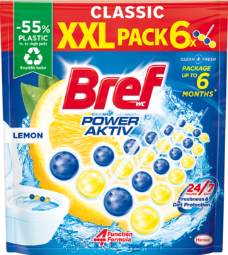Bref WC Power Aktiv Lemon, 6x XXL pack. Niebiesko-żółte opakowanie z cytryną i kulkami czyszczącymi, widok z przodu.