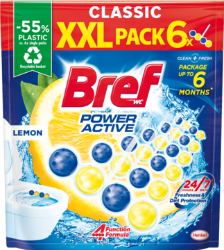 Niebiesko-żółte opakowanie Bref WC Power Active Lemon XXL Pack 6x z grafiką cytryny i kulkami do toalety.