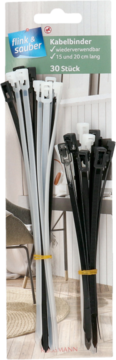 Opakowanie z 30 opaskami kablowymi flink & sauber, białymi i czarnymi, 15 i 20 cm, widok z przodu.