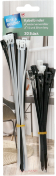 Opakowanie z 30 opaskami kablowymi flink & sauber, białymi i czarnymi, 15 i 20 cm, widok z przodu.