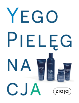 Ziaja Yego zestaw męskich kosmetyków: 4 granatowe opakowania (żel, krem, balsam, antyperspirant) z napisem Yego.