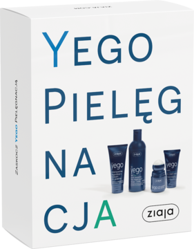 Zestaw prezentowy Ziaja Yego Pielęgnacja dla mężczyzn, białe pudełko z niebieskimi kosmetykami, widok z przodu.