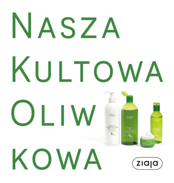 Zestaw oliwkowych kosmetyków Ziaja: zielono-białe butelki i słoiczek na tle napisu "Nasza Kultowa Oliwkowa".