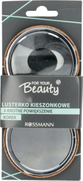 Składane lusterko kieszonkowe For your Beauty z 3x powiększeniem, w czarnym opakowaniu z korkowymi detalami.