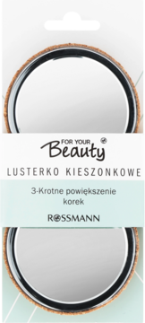 Lusterko kieszonkowe For your Beauty Rossmann z korkową obudową, 3-krotne powiększenie. W opakowaniu, widok z przodu.