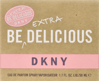Opakowanie DKNY Be Extra Delicious, woda perfumowana, brązowe z różowym paskiem i logo, widok z przodu.