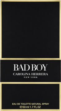 Bad Boy Carolina Herrera, flakon EDT 50ml w czarnym kartoniku z złotymi akcentami, widok z przodu.