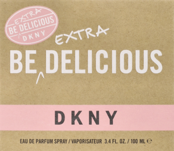 Przednie ujęcie brązowego opakowania DKNY Be Delicious Extra EDP, z białym napisem i różowym paskiem.