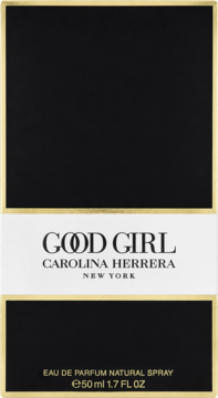 Front opakowania Good Girl Carolina Herrera EDP 50ml. Czarny kartonik z białym pasem, złotymi detalami i nazwą.