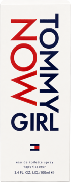 Białe pudełko Tommy Girl eau de toilette 100ml, z pionowymi napisami NOW (czerwony) i TOMMY (niebieski), widok z przodu.