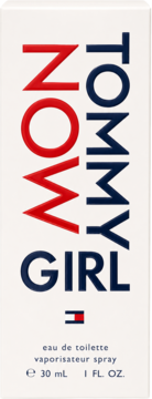 Białe pudełko perfum Tommy Girl Eau de Toilette 30ml, z czerwonym NOW i granatowym TOMMY GIRL, logo Hilfiger.