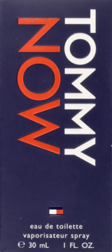 Granatowe pudełko Tommy Now eau de toilette 30ml, pionowy biały napis TOMMY i czerwony NOW. Widok z przodu.