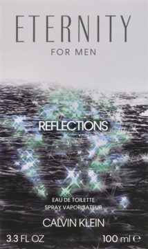 Front pudełka Calvin Klein Eternity Reflections For Men EDT, czarne z błyszczącymi, wodnymi refleksami.